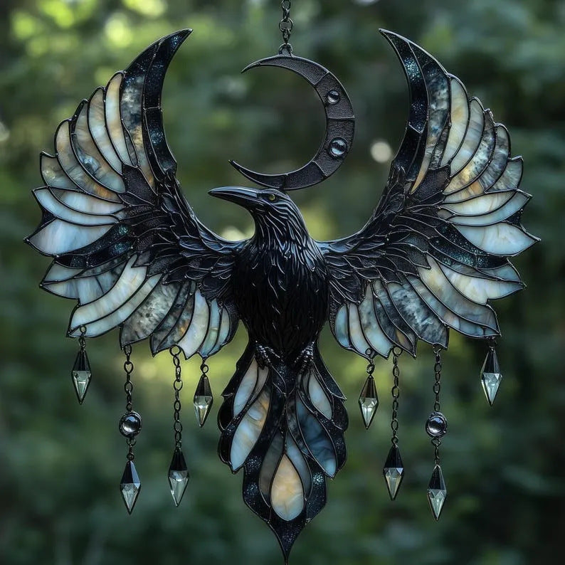 Crescent Moon Raven Acrylic Suncatcher