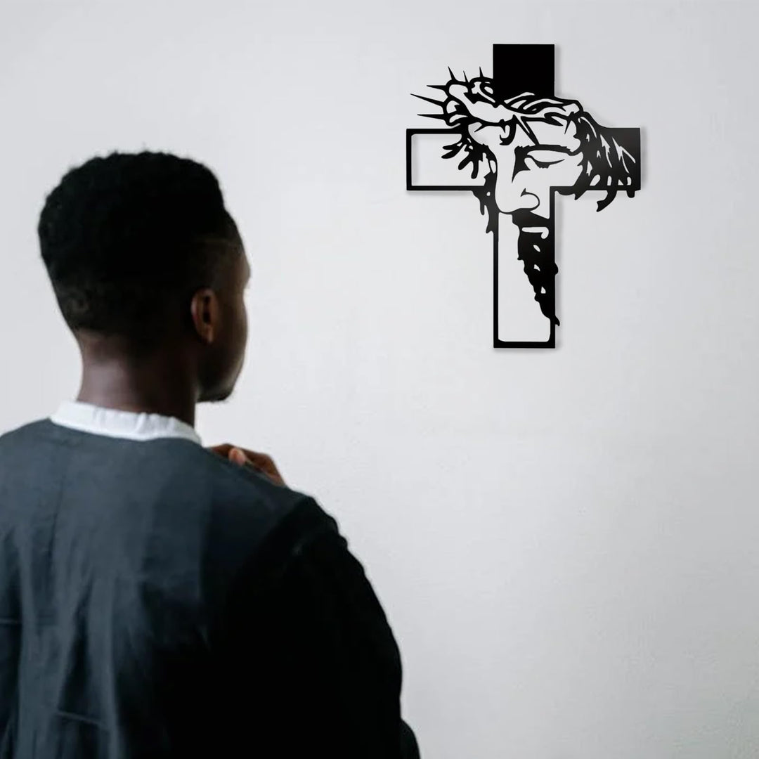 Black Metal Jesus with Crown of Thorns Cross Metal Wall Decor