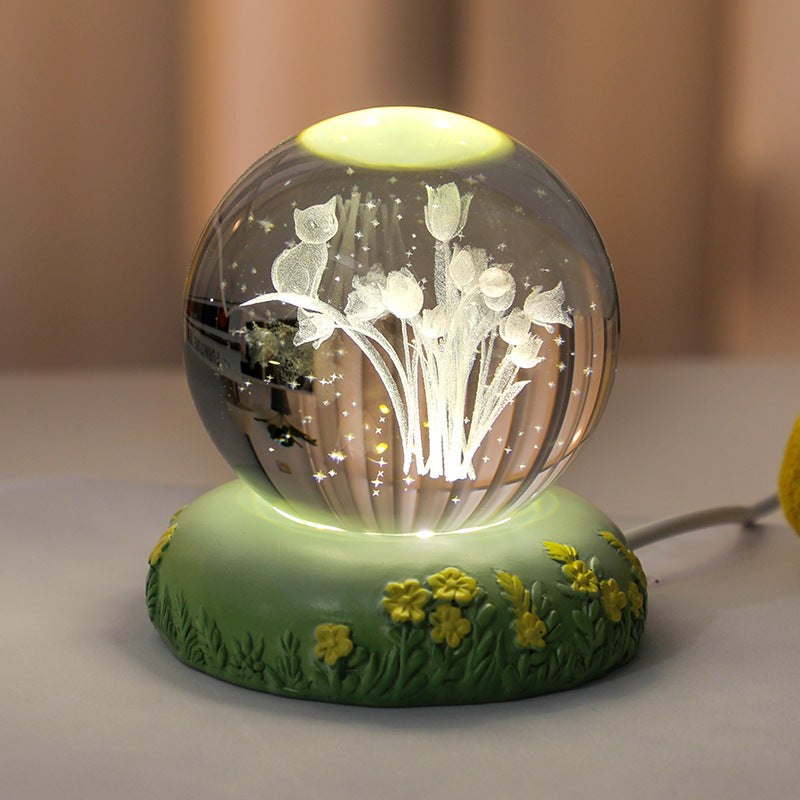 3D Flower Shaped Kitten Crystal Ball Night Light