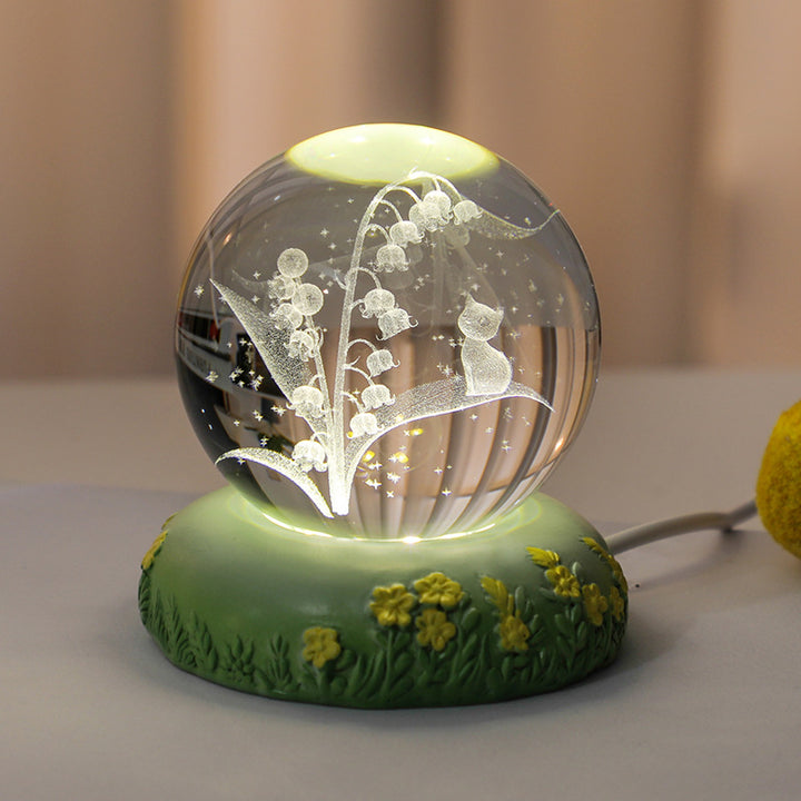 3D Flower Shaped Kitten Crystal Ball Night Light